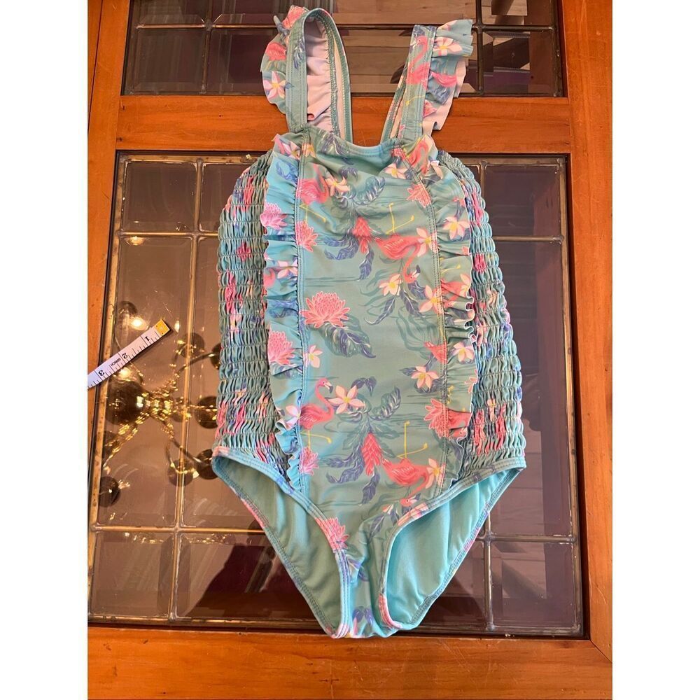 Tommy Bahama Girls Flamingo Tropical Smocked Bow One-Piece Swimsuit Blue Size 10